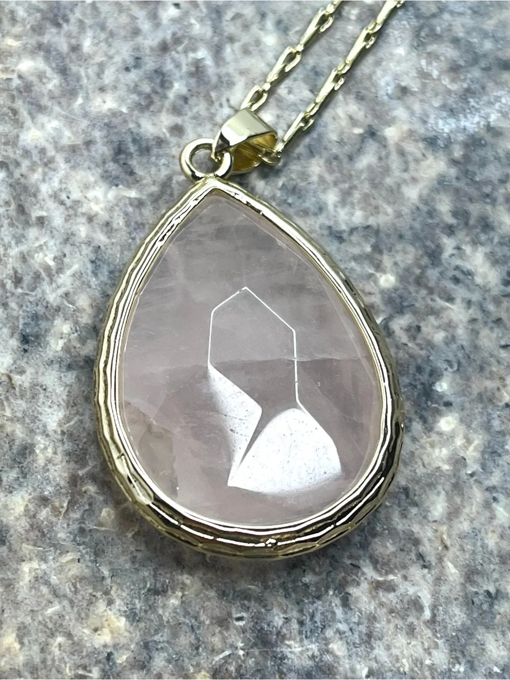 Faceted Teardrop Rose Quartz Pendant on a 29” Gold Tone Link Chain Necklace